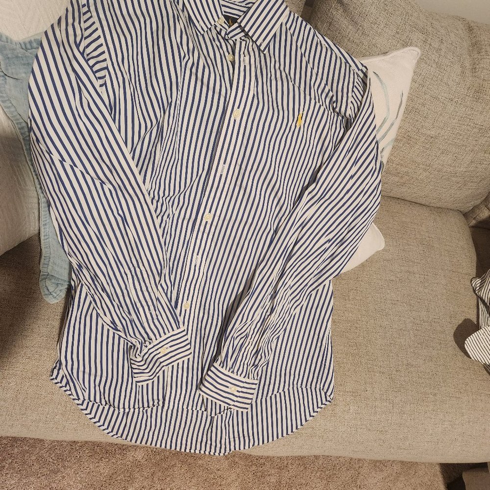 Ralph Lauren White Blue Pinstripe Log Sleeve Shirt